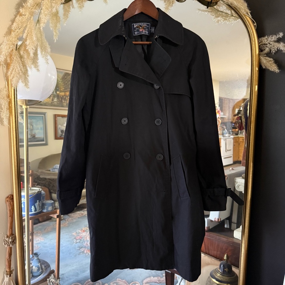 American Living Long Black Trench Coat with Collar & Back Storm Flap Vintage - Picture 1 of 16